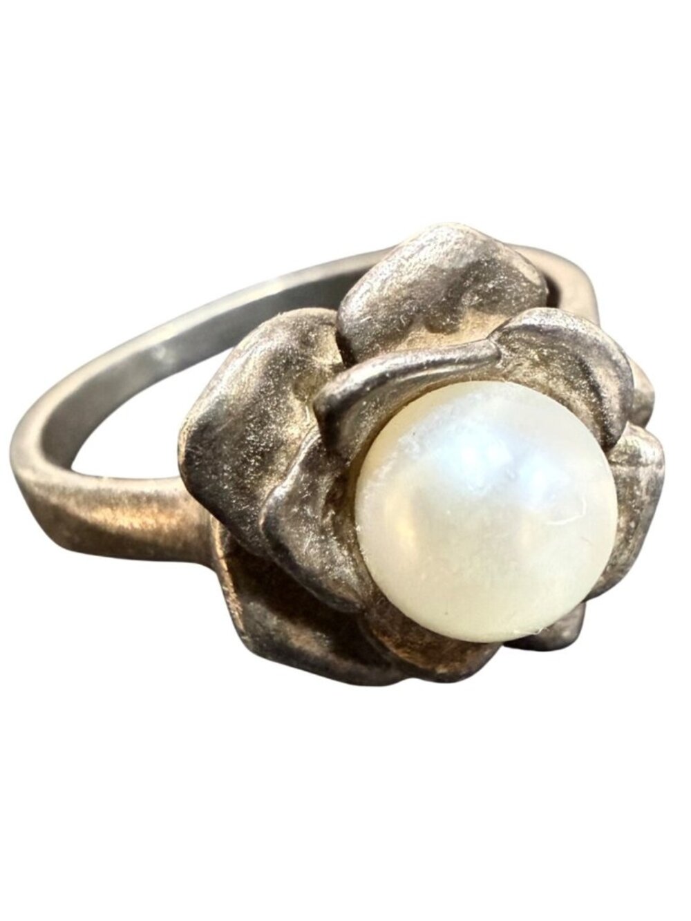 Sterling Silver Flower Ring Pearl Size 8.5 Vintage